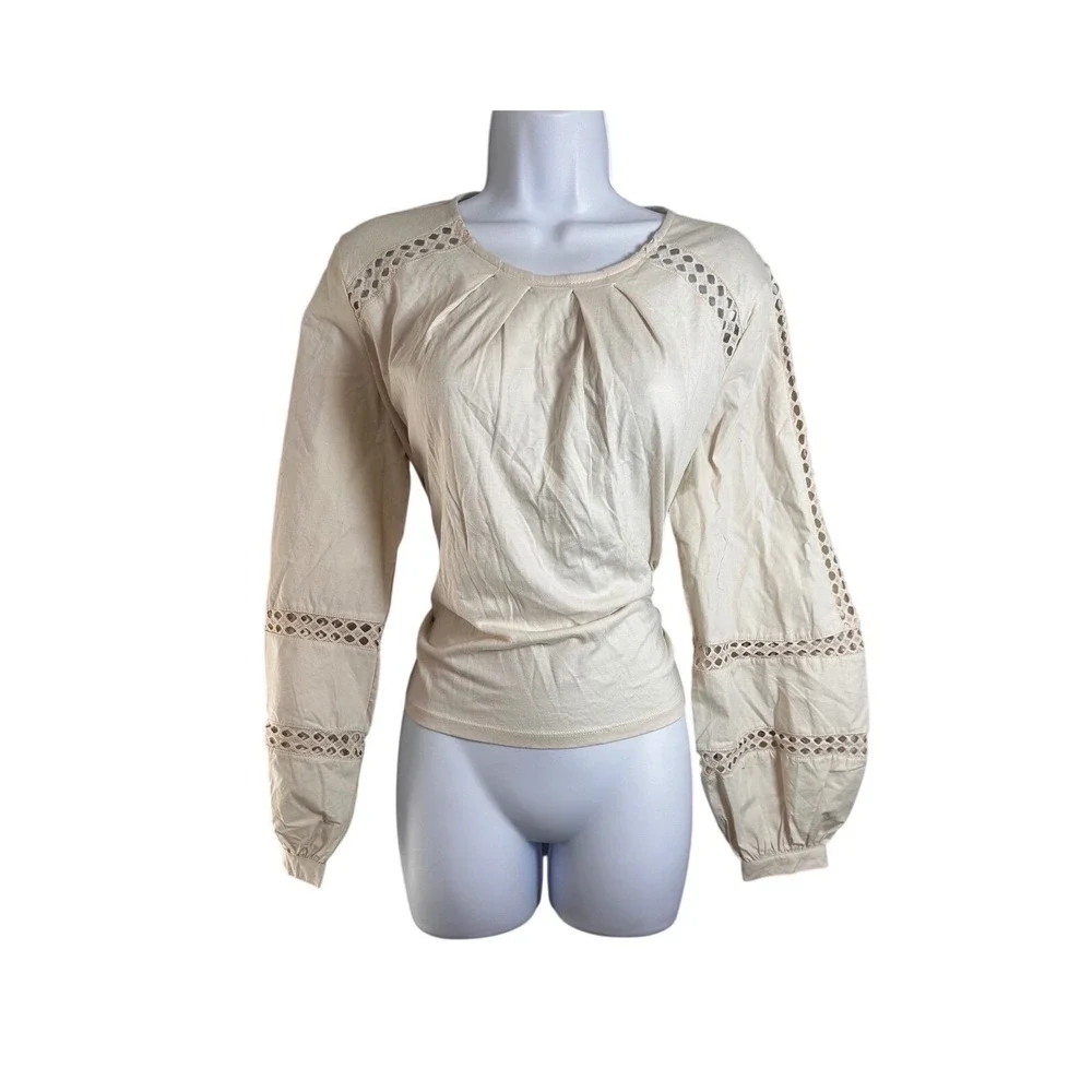 Banana Republic Womens XS Cream Eyelet Crochet Balloon Sleeve Pleated Blouse NEW